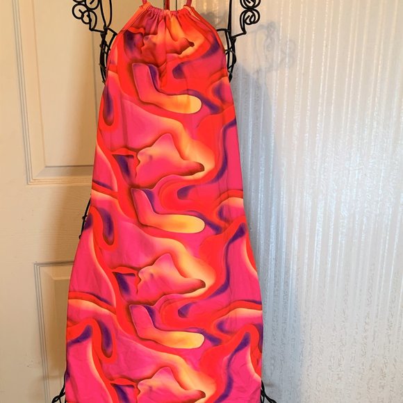 WOMENS - NWOT XS SHEIN ICON Splash Print Tie Back Bodycon Dress pink red orange - Picture 4 of 10